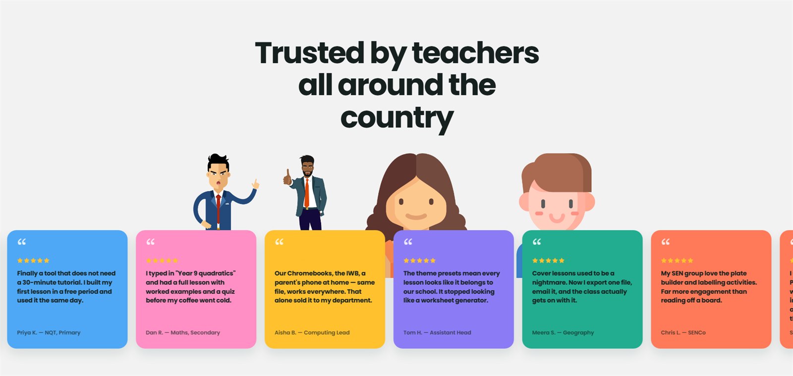 Trusted by teachers section with a row of coloured testimonial cards